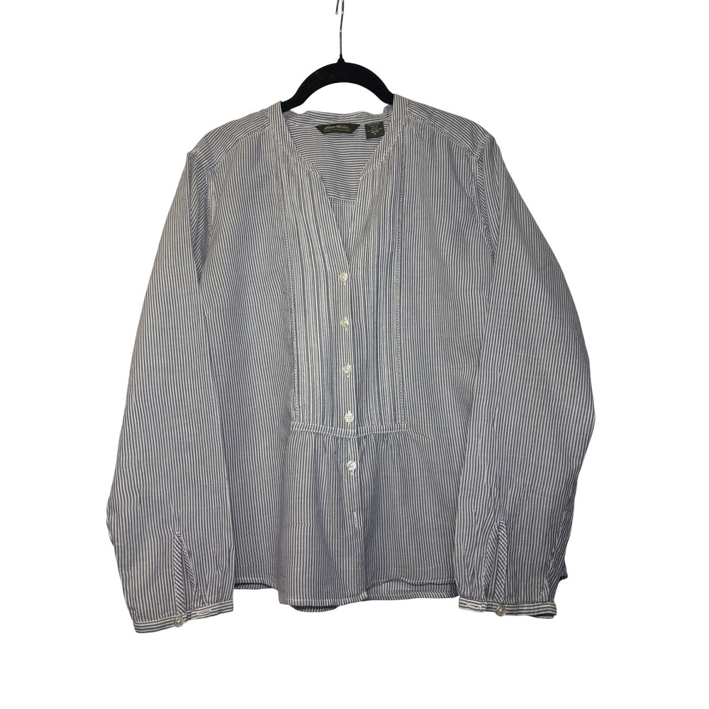 Eddie Bauer Womens Blue White Striped Pintuck Cotton Blouse Petite XL